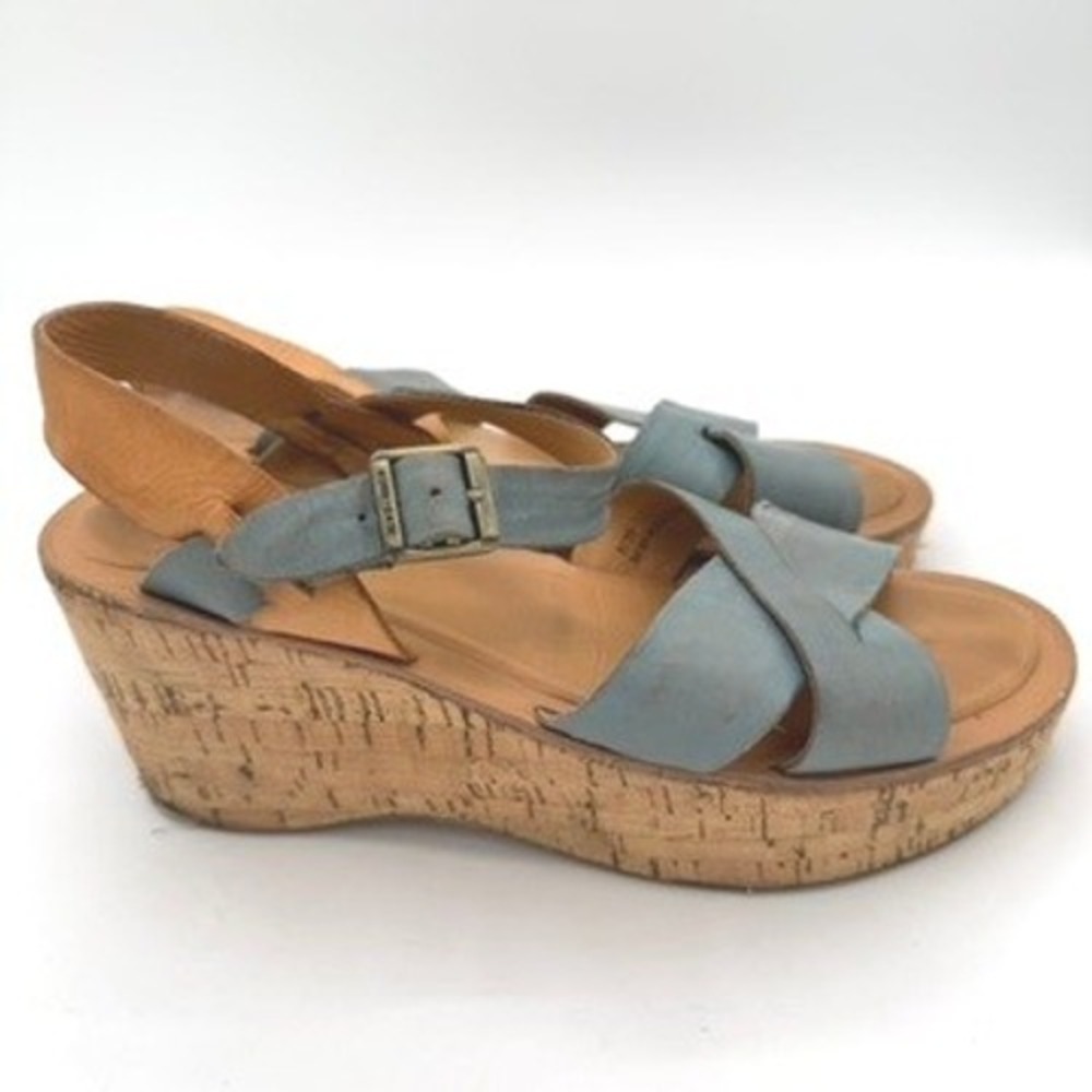 Kork Ease Myrna Sandals Women 8 Blue Leather Cork Wedge Boho Coastal Summer